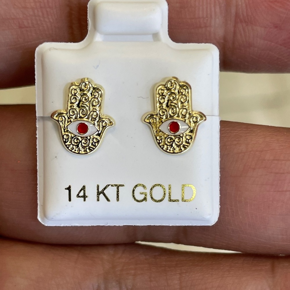 Solid Gold 14Karat Evil Eye Ruby Cz Hand Earring